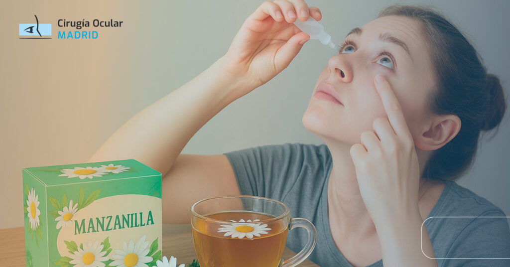 mujer echandose gotas de manzanillas en los ojos